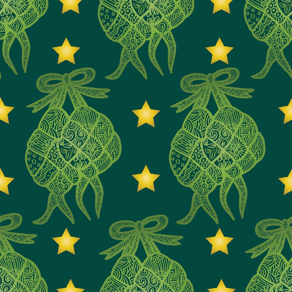 Seamless pattern with ketupat and stars on green background vector