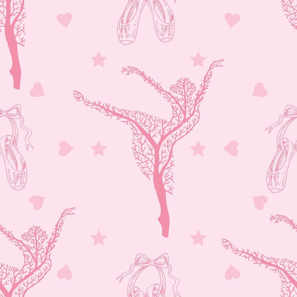 Seamless pattern with ballerinas, ballet shoes. and hearts. vector