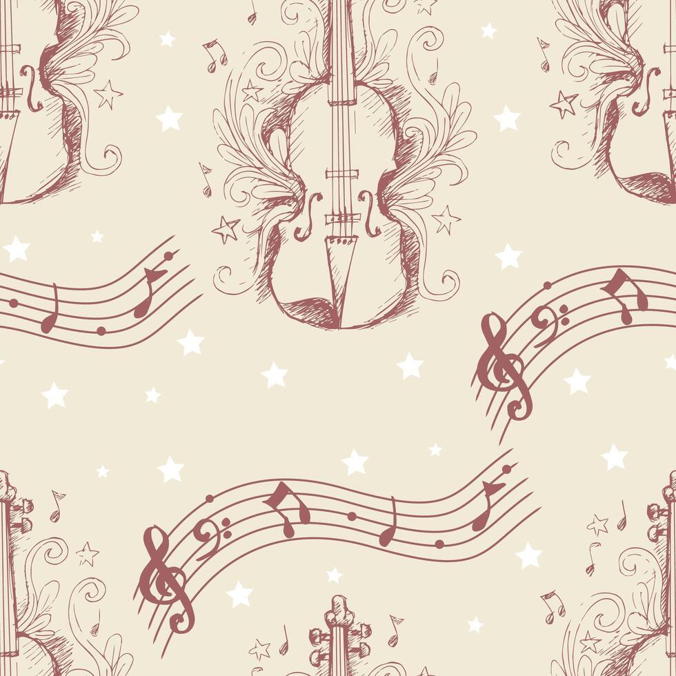 Hand-drawn musical violin pattern with notes and stars vector