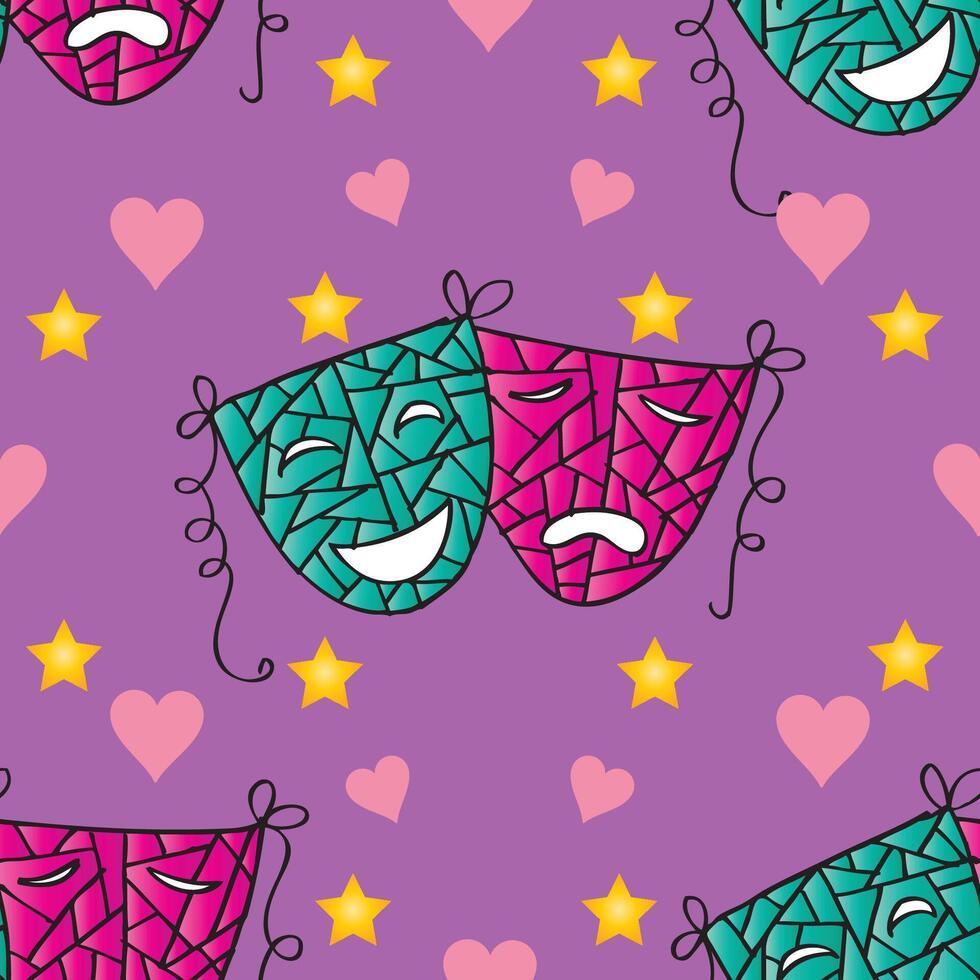 Seamless pattern with funny masks and hearts on a purple background. vector