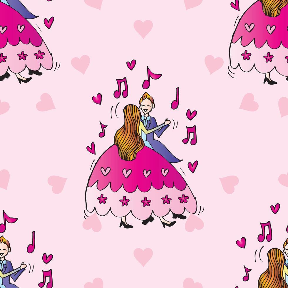 Seamless pattern with romantic couple dancing. Pink background. vector