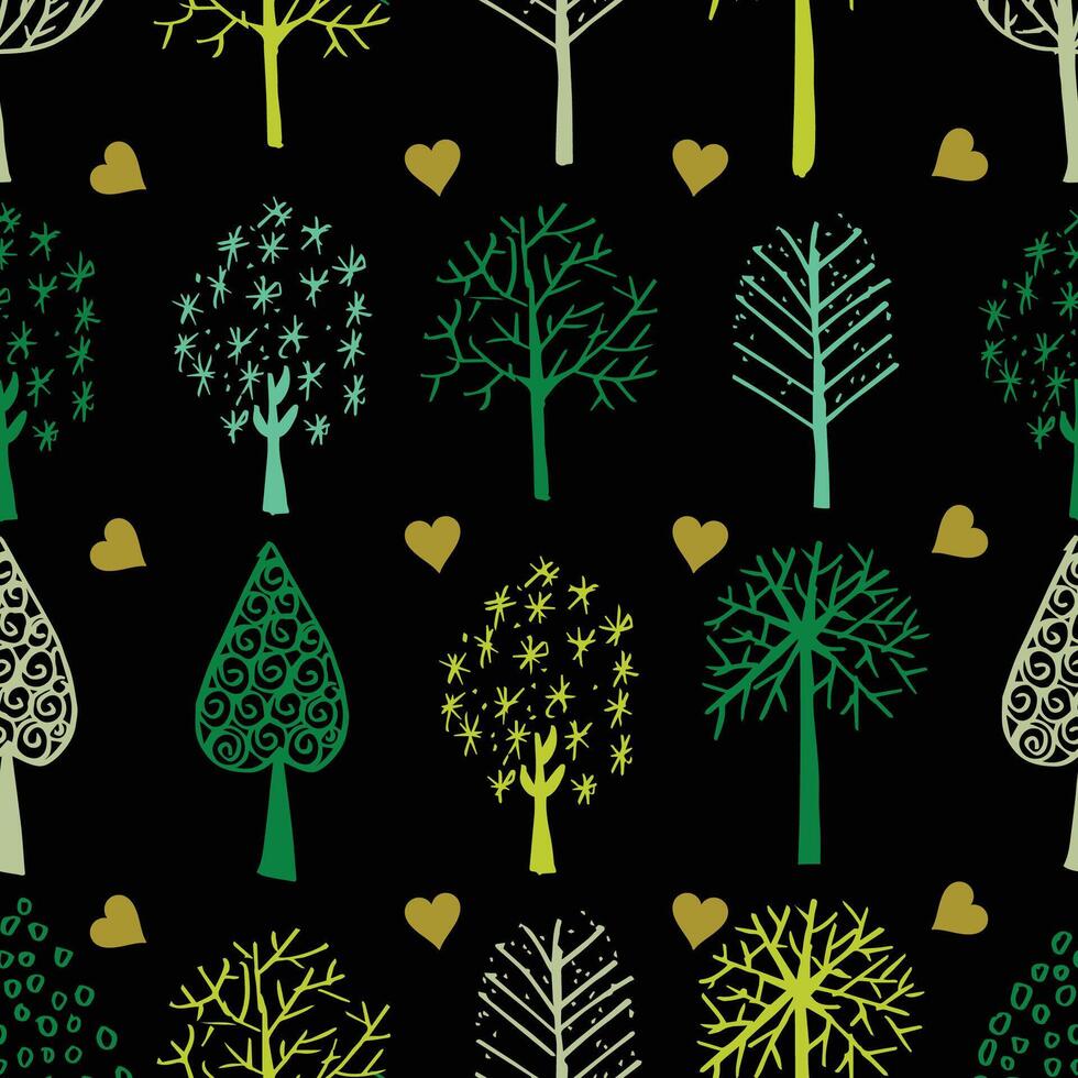 Seamless pattern with hand drawn trees and hearts. vector