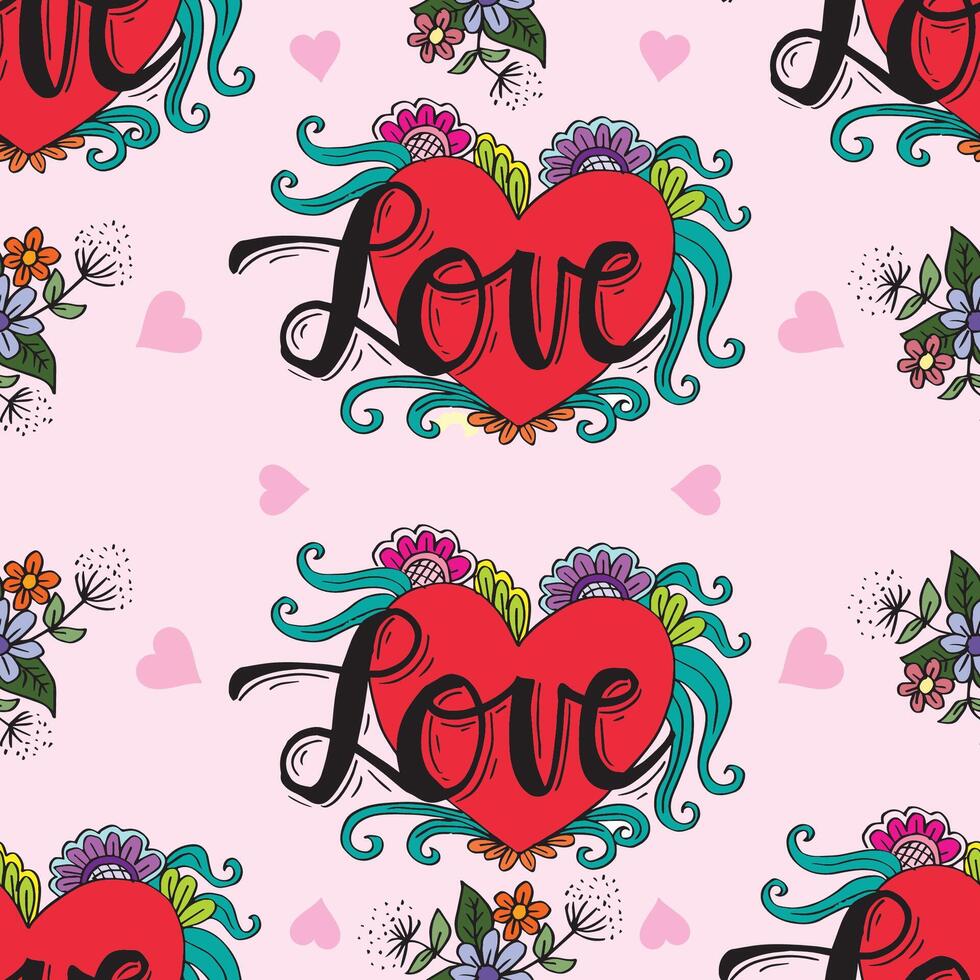 Seamless pattern with hand drawn doodle hearts and text Love. vector