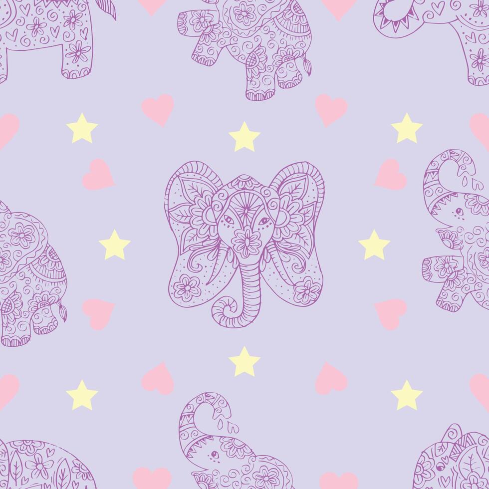 Seamless pattern with elephants and hearts 0npurple background.. vector