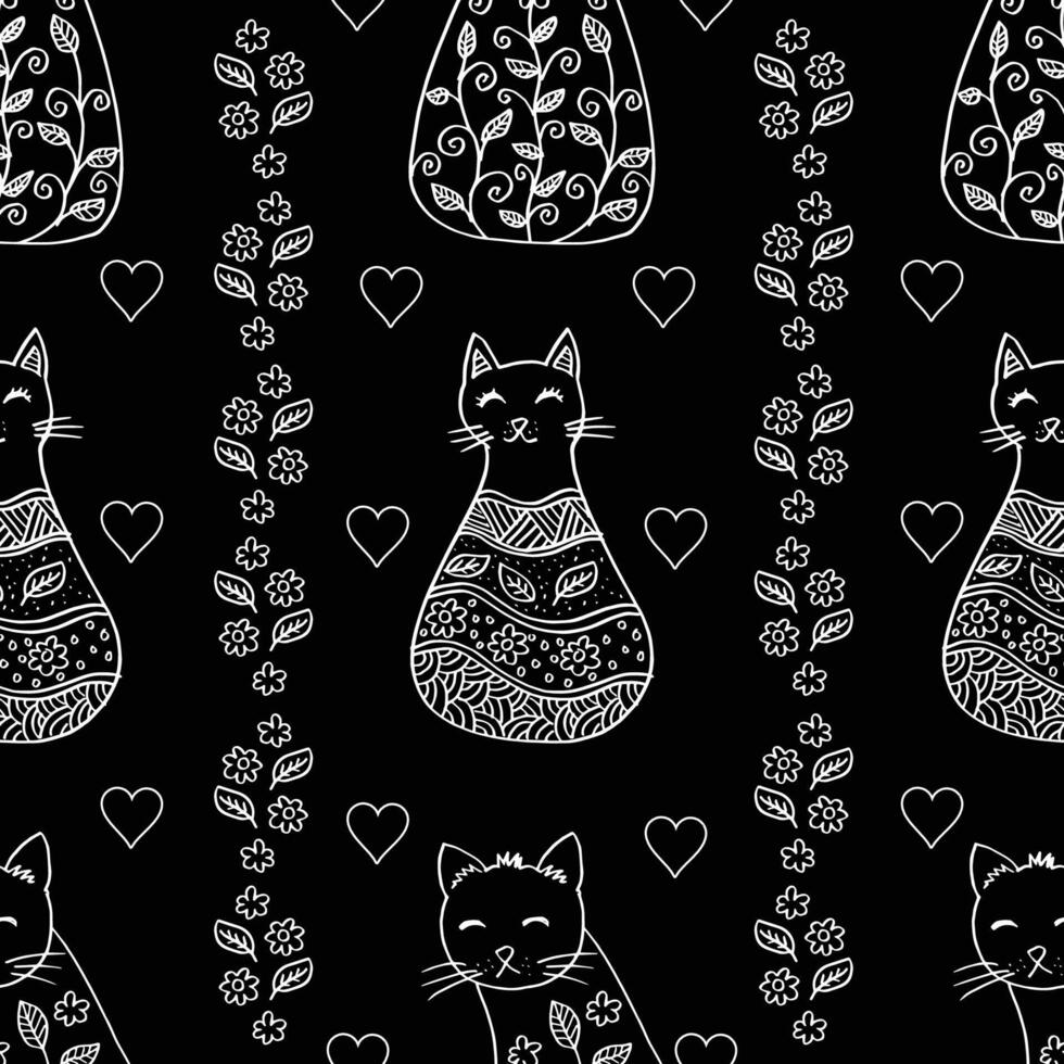 Seamless pattern with cats and hearts on black and white.. vector