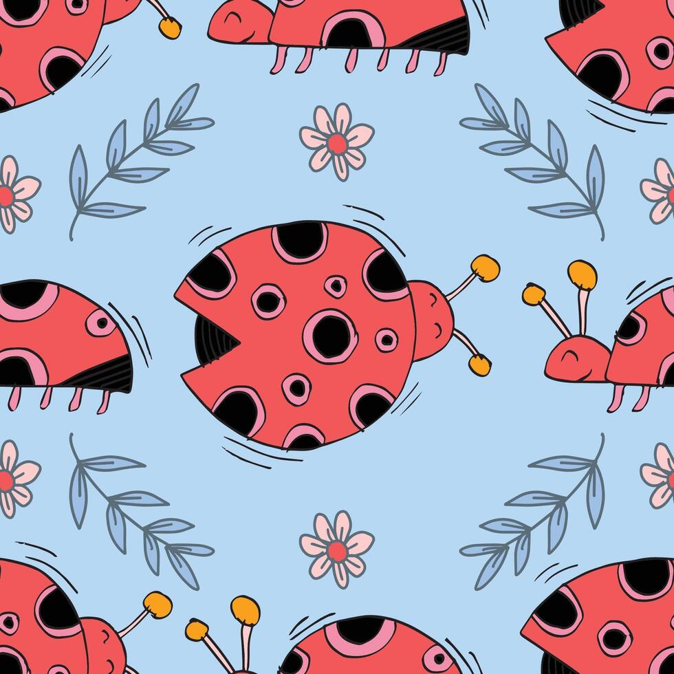 Seamless pattern with ladybugs and flower vector