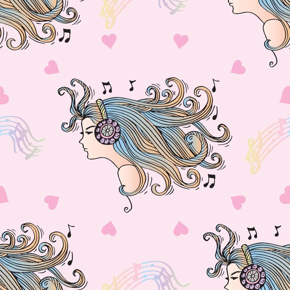 Seamless pattern with girl and music notes. vector