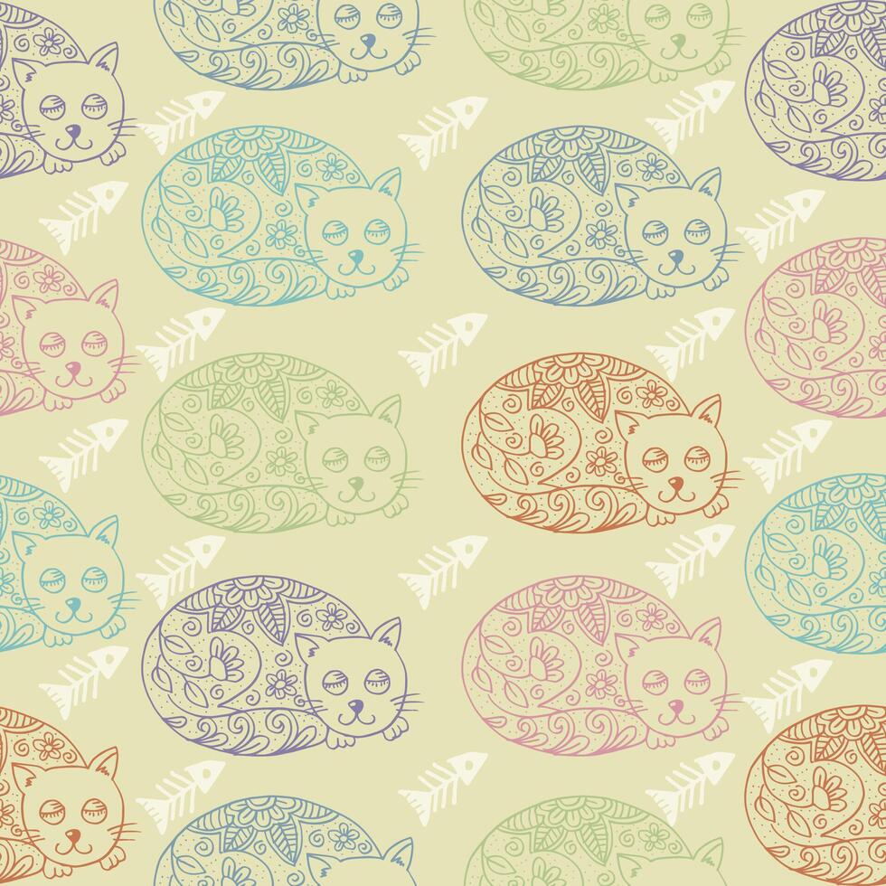 Sleeping Cats and Fish Bones on a Pastel Background vector