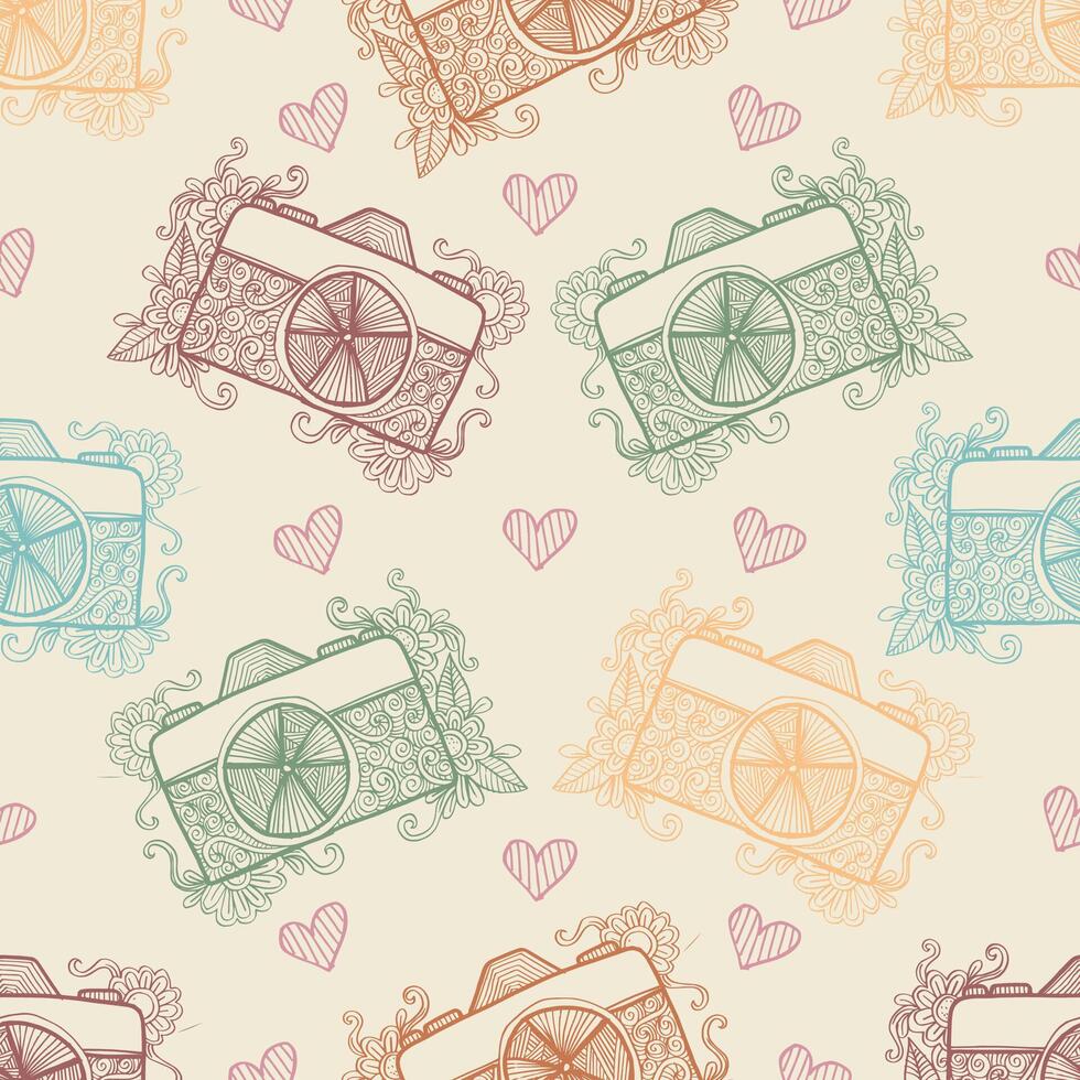 Seamless Repeat of Hand-Drawn Cameras with Hearts vector