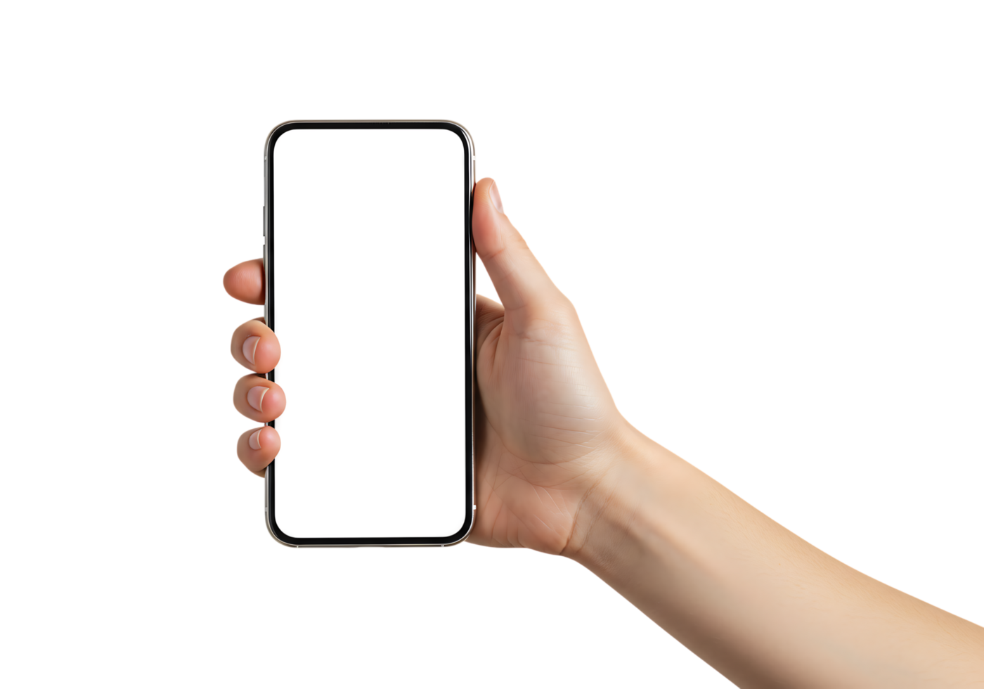 Close-up of a human hand holding a modern smartphone with blank screen on transparent background, ideal for app, UI mockups, and tech advertising. png