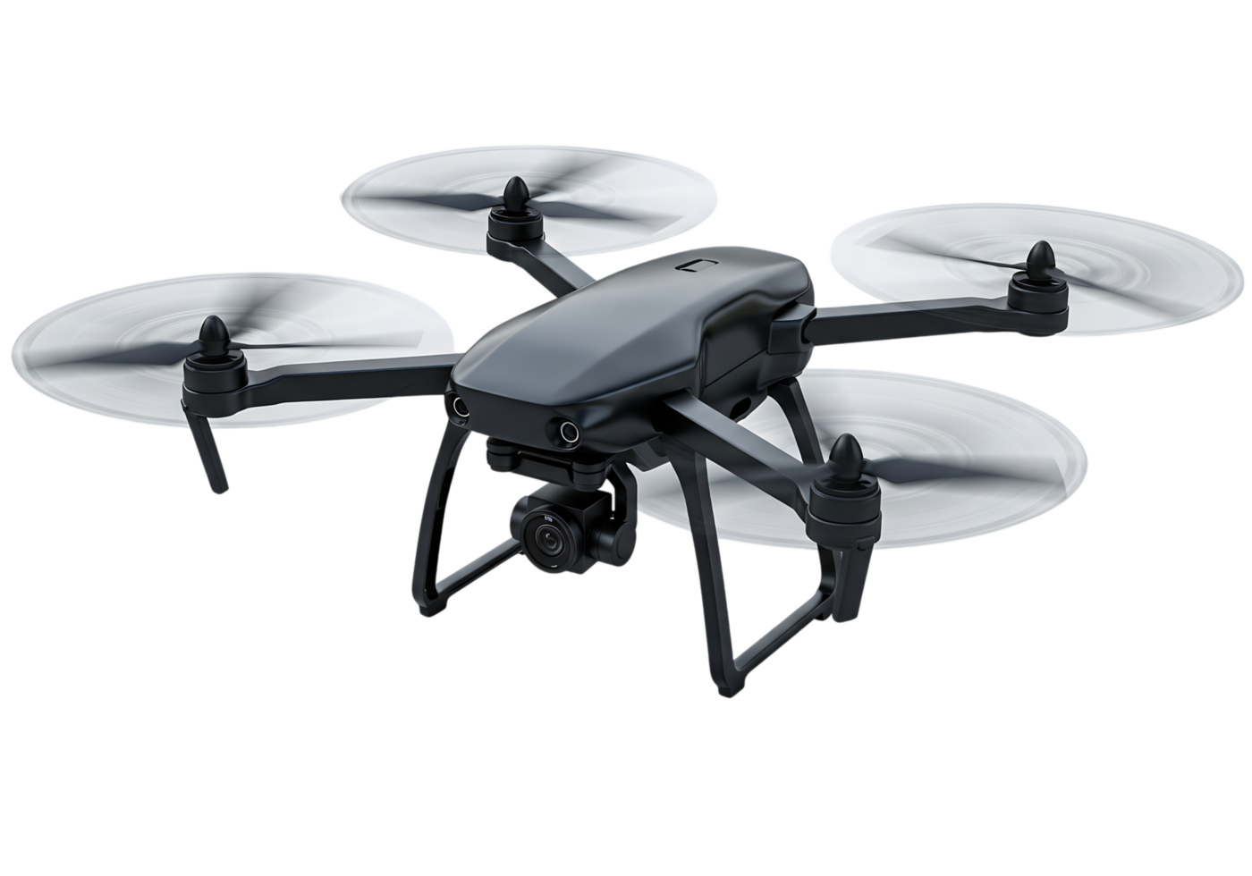 Modern black quadcopter drone with spinning propellers and camera on transparent background, ideal for tech, aerial photography, and innovation themes. png