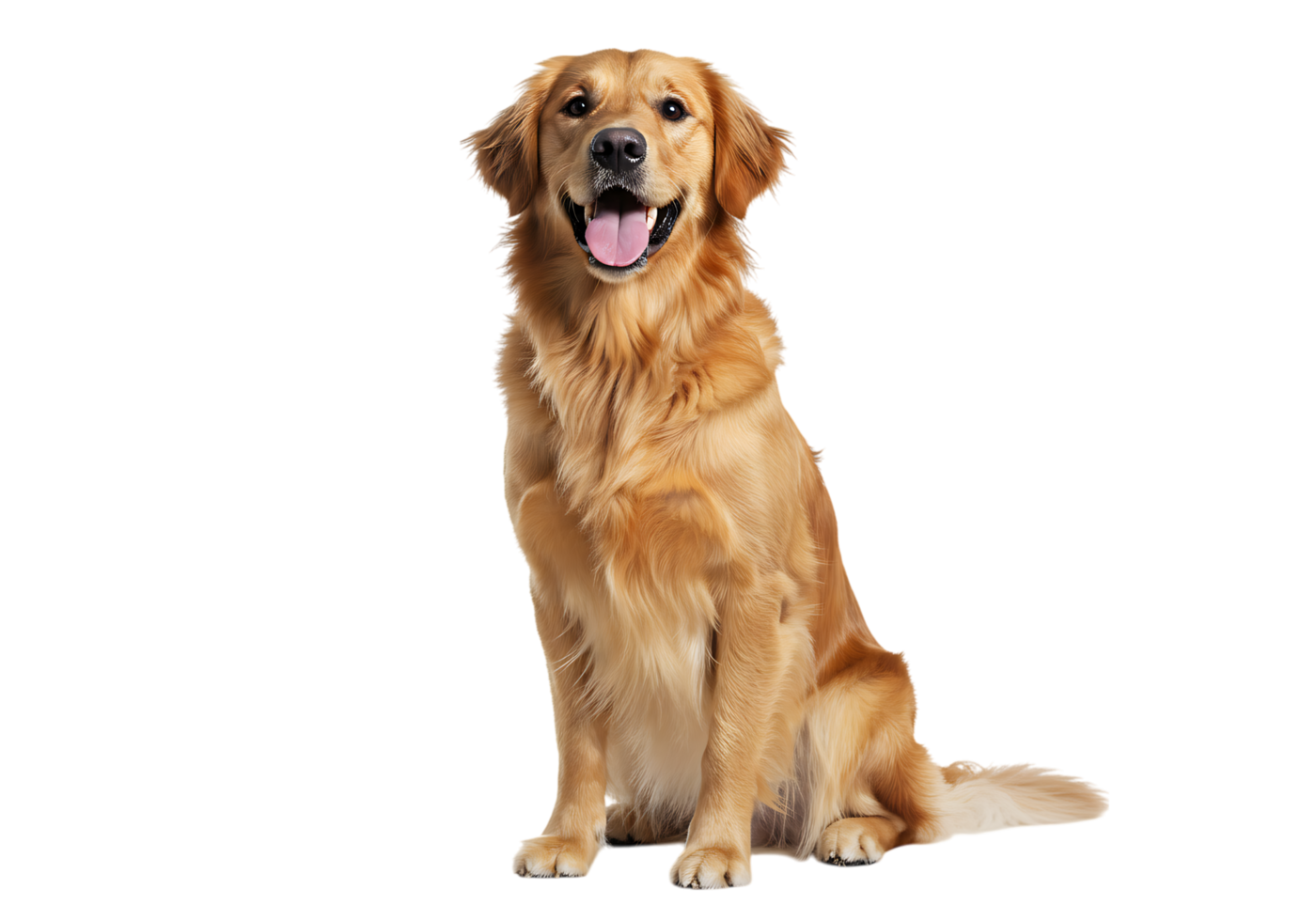 Happy golden retriever dog sitting and smiling with tongue out, isolated on transparent background, friendly pet for veterinary or pet care themes png