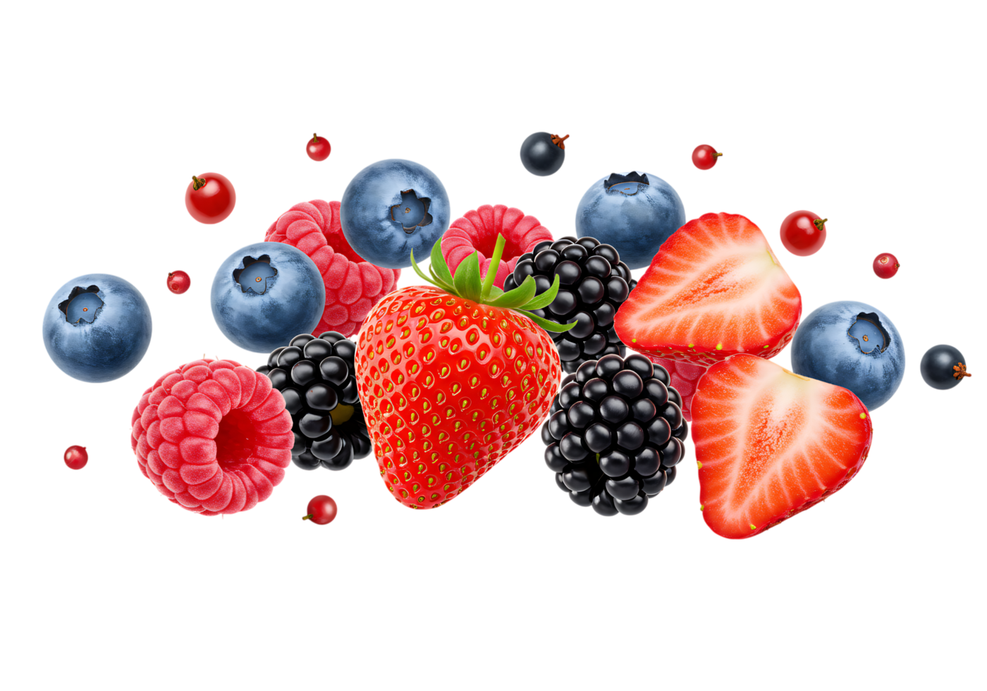 Fresh assorted berries including strawberries, blueberries, raspberries, and blackberries on transparent background for healthy food or organic design themes. png
