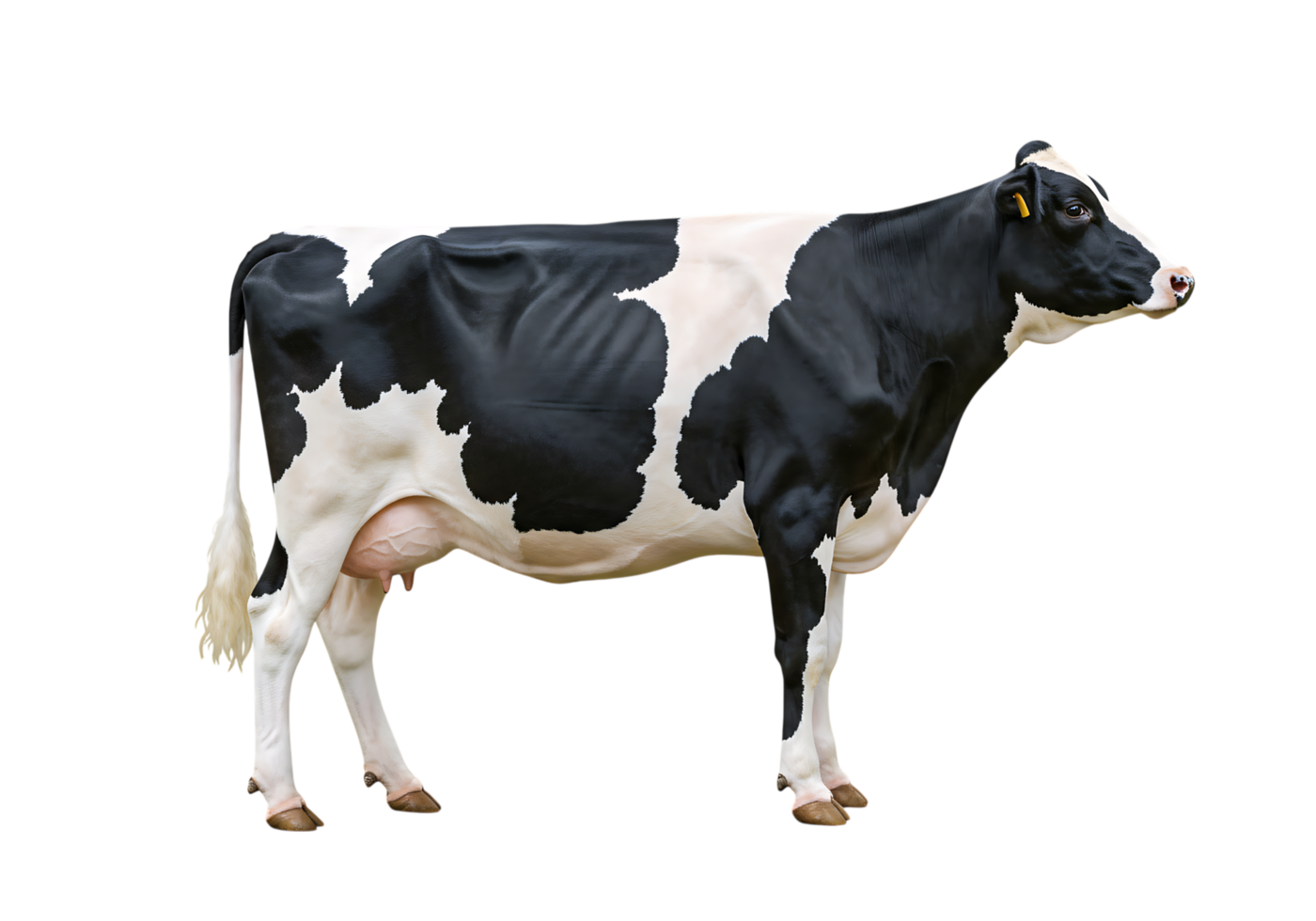 Black and white Holstein dairy cow standing side view on transparent background, farm livestock used for milk production and agriculture. png