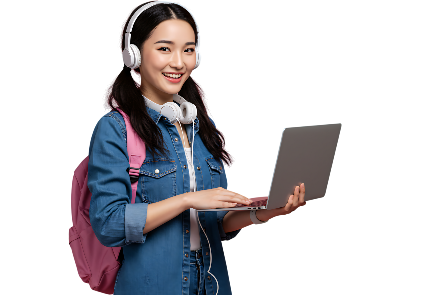 Smiling young student wearing headphones using a laptop, holding backpack, learning or studying online, isolated on transparent background. png