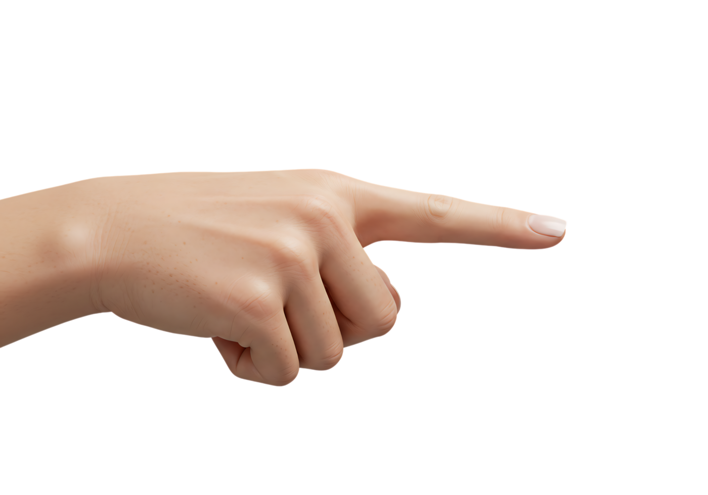 Realistic human hand pointing right with index finger extended, isolated on transparent background png