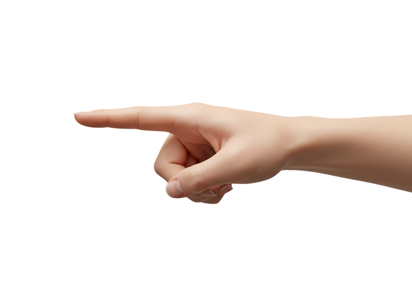 Human hand pointing to the left with index finger extended, isolated on transparent background for gesture, direction, and touch interface design png