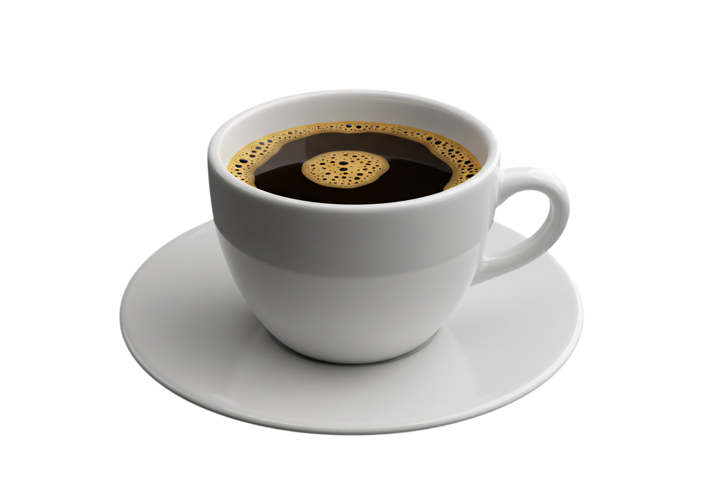 White ceramic cup filled with black coffee on saucer, isolated on transparent background. Fresh morning drink with steam and foam surface detail. png
