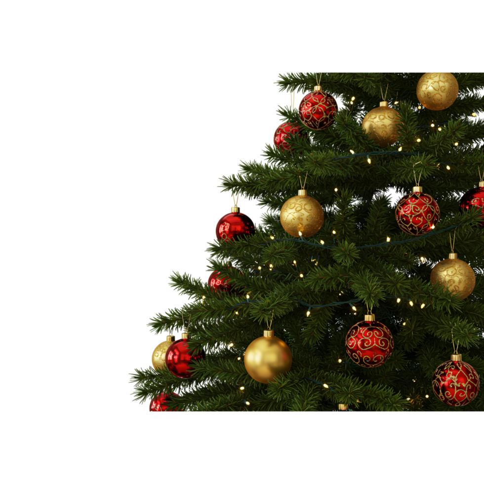 Corner view of Christmas tree decorated with red and gold baubles and fairy lights, festive and elegant holiday design on transparent background. png