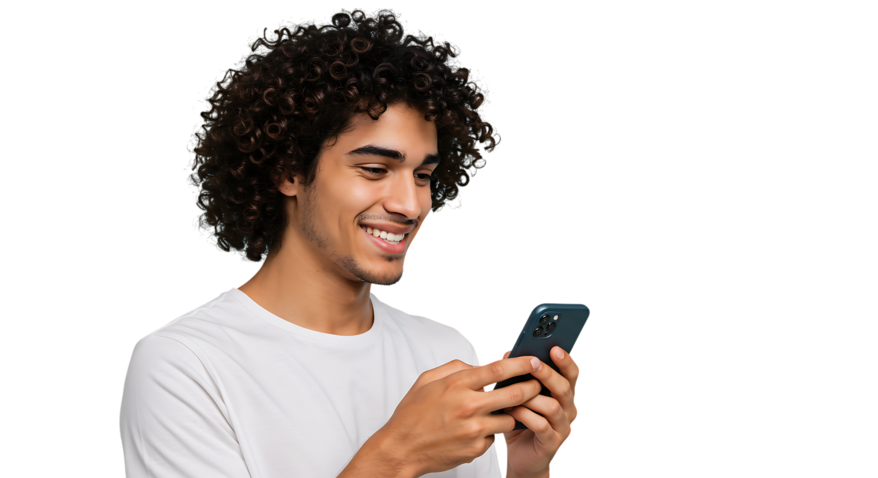 Happy young man with curly hair wearing a white t-shirt, smiling while using smartphone, isolated on transparent background with copy space. png