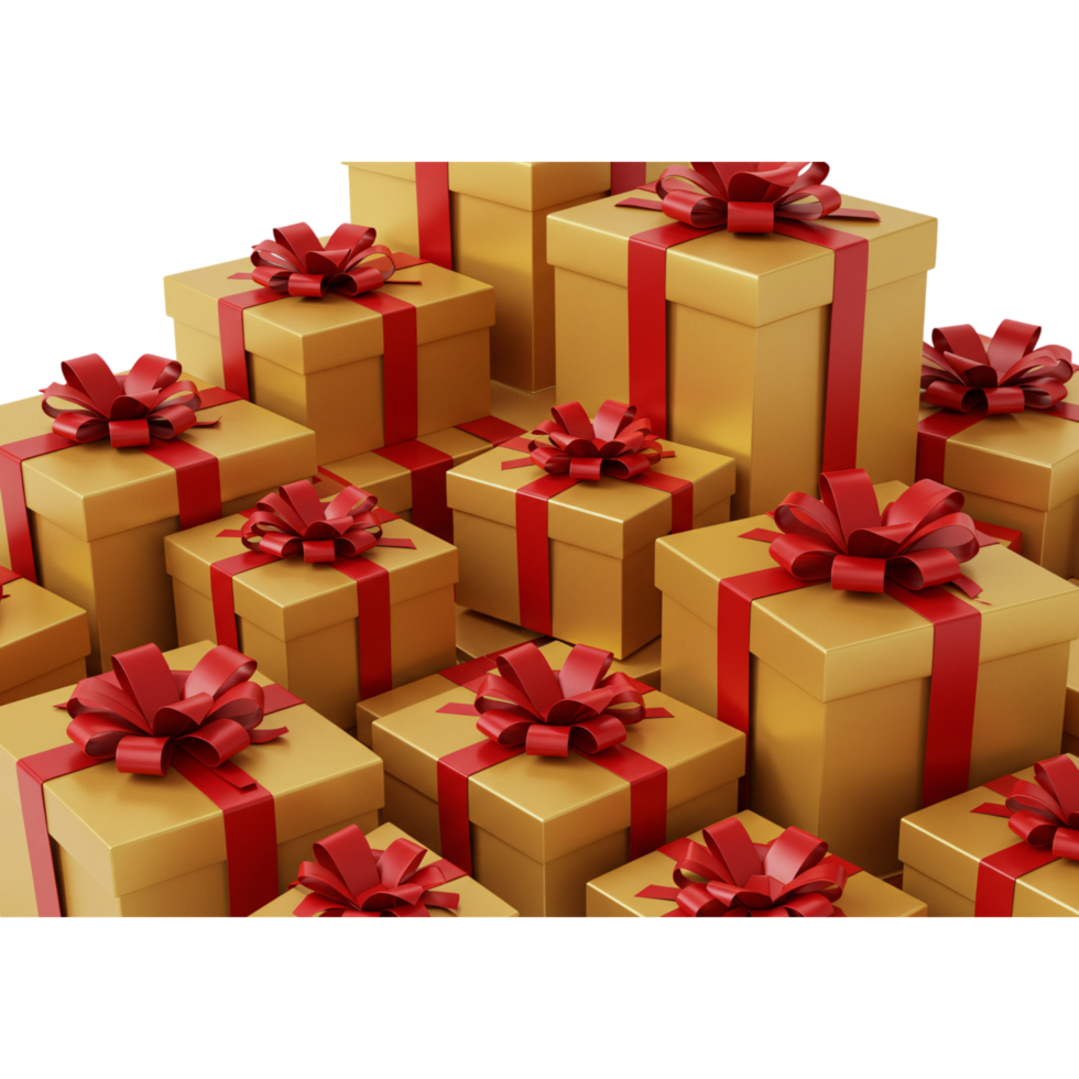 Golden gift boxes with shiny red ribbons stacked in a festive arrangement on transparent background, ideal for holiday, celebration, or party designs. png