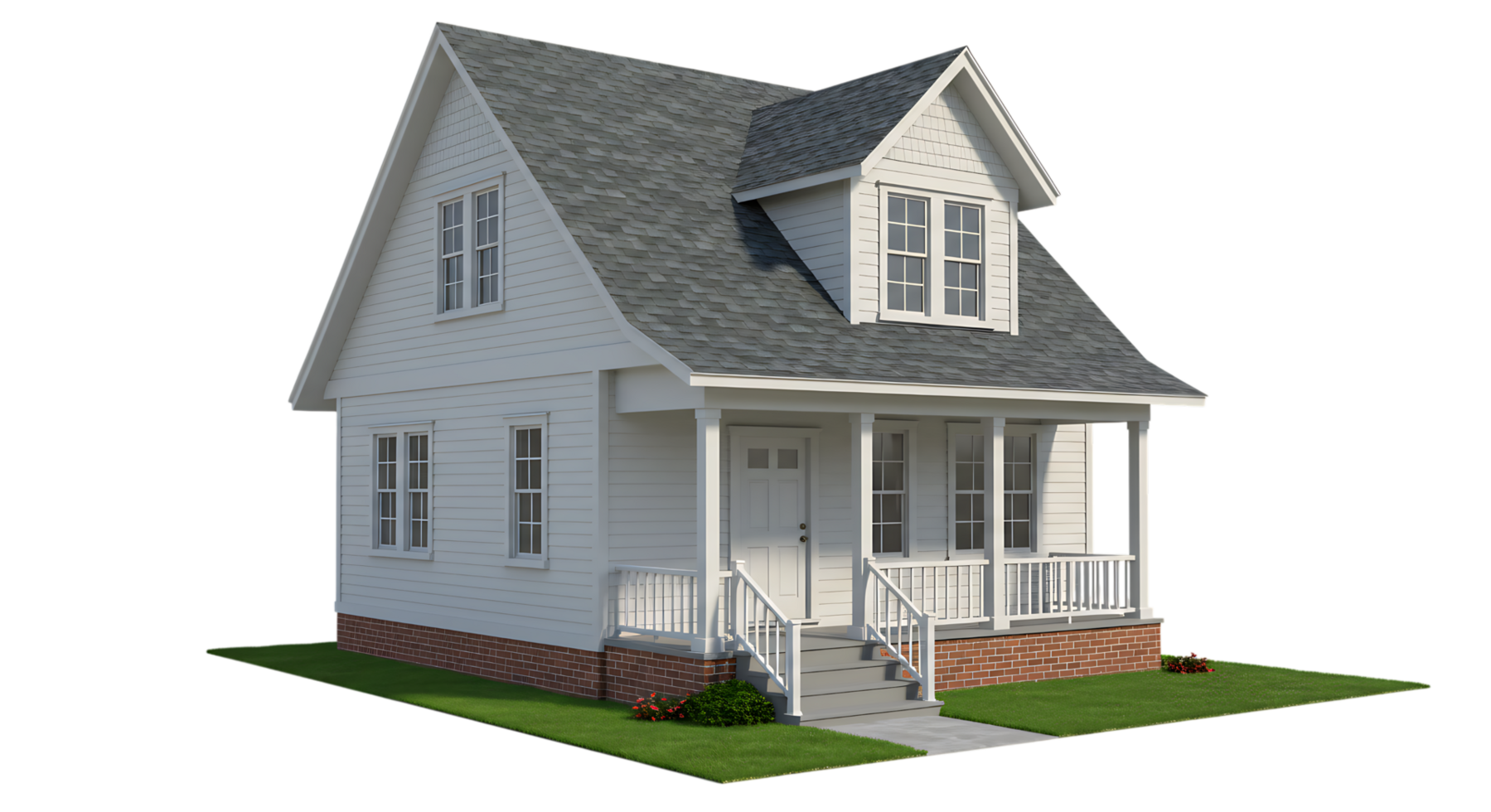 Cozy small white house with pitched roof, front porch, and grass yard, isolated on transparent background. Ideal suburban or countryside home concept. png