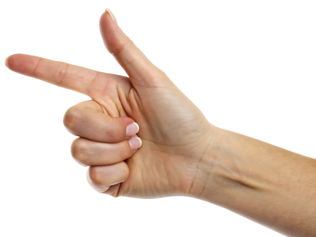 Realistic human hand making a pointing gesture on transparent background. Great for direction, commands, interaction, or instructional visual content. png