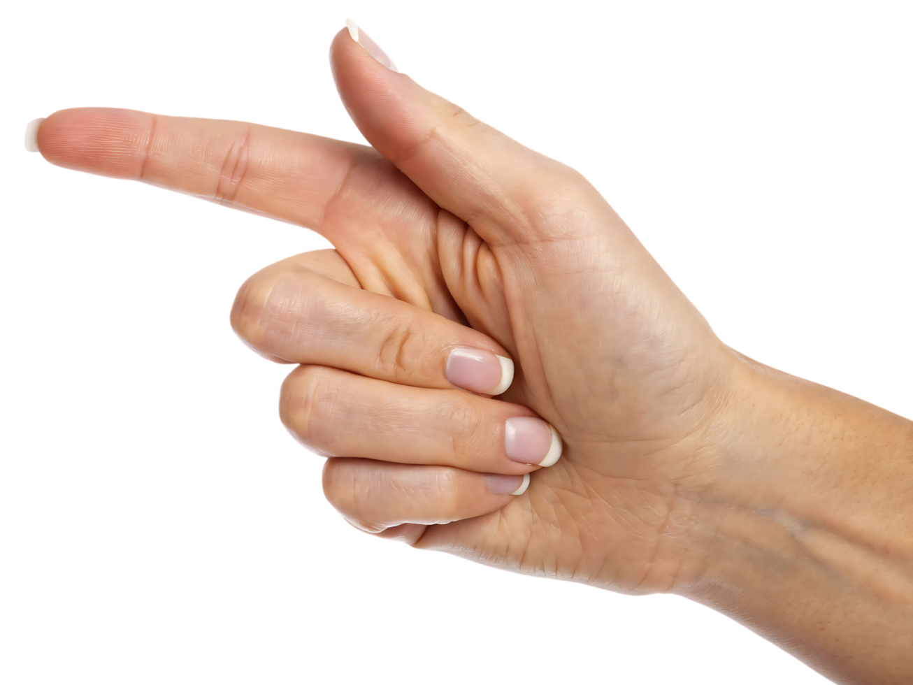 Female hand pointing with index finger, isolated gesture ideal for direction or instruction png