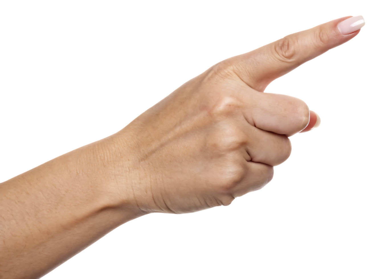 Close-up of a human hand pointing with the index finger isolated on transparent background. Gesture concept, direction, and attention focus sign. png