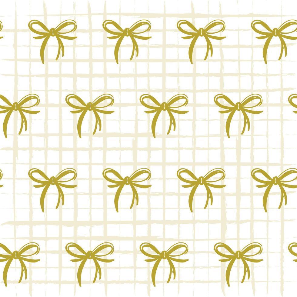 Yellow Coquette Bow Ribbon Seamless Pattern on Grid Background. Combines delicate bows with a subtle grid background, Chic and coquette-inspired pattern for youthful and feminine vibe. vector