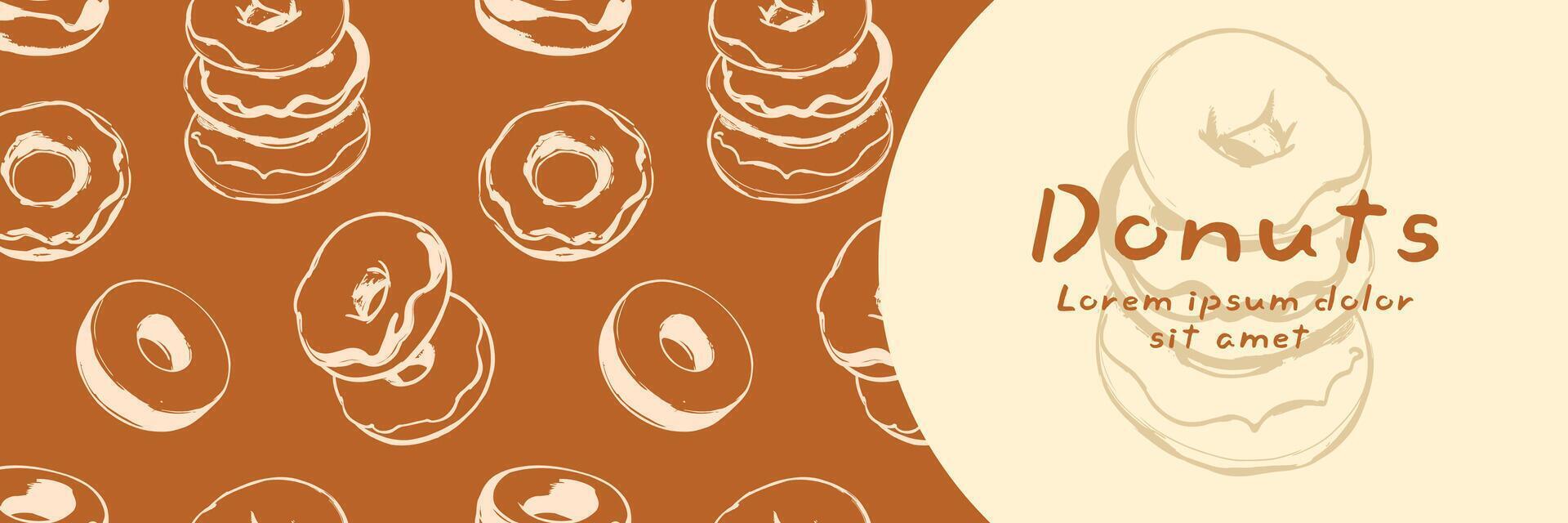 Donuts banners with pattern. Hand drawn sketch doodle donuts in stylized way. The banner is in brown background vector