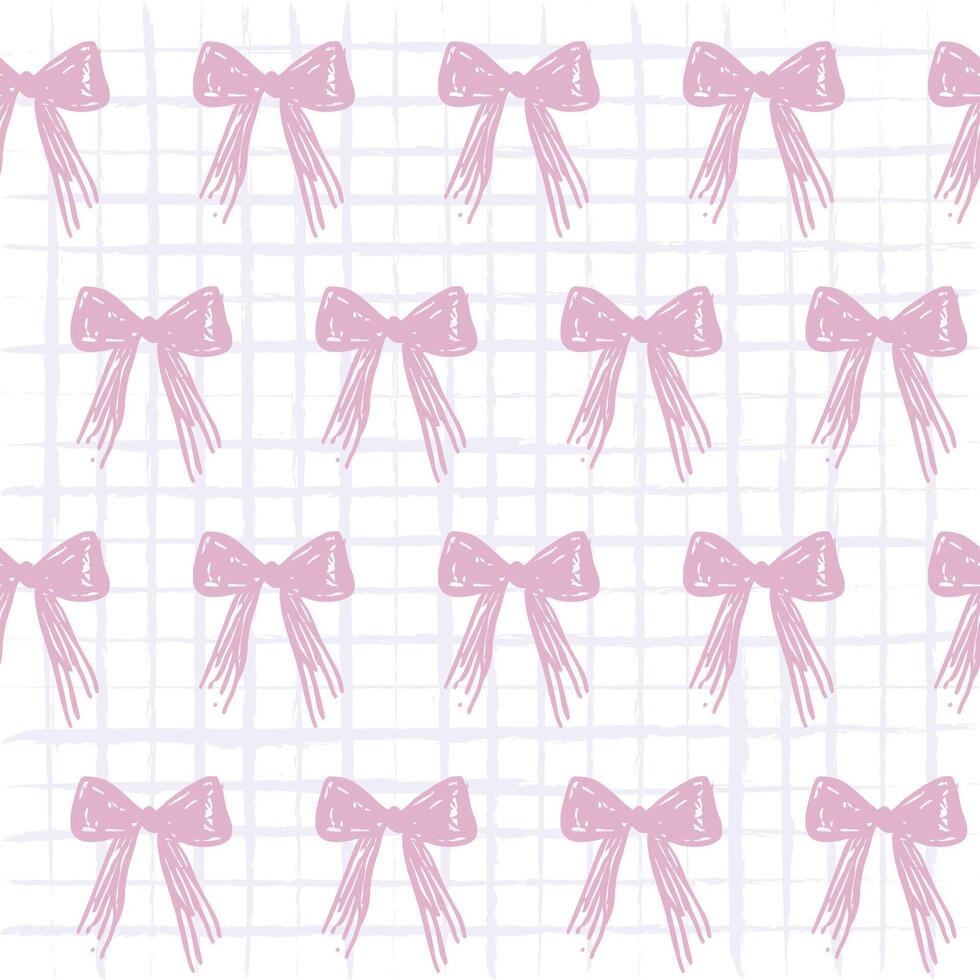 Purple Coquette Bow Ribbon Seamless Pattern on Grid Background. Combines delicate bows with a subtle grid background, Chic and coquette-inspired pattern for youthful and feminine vibe vector
