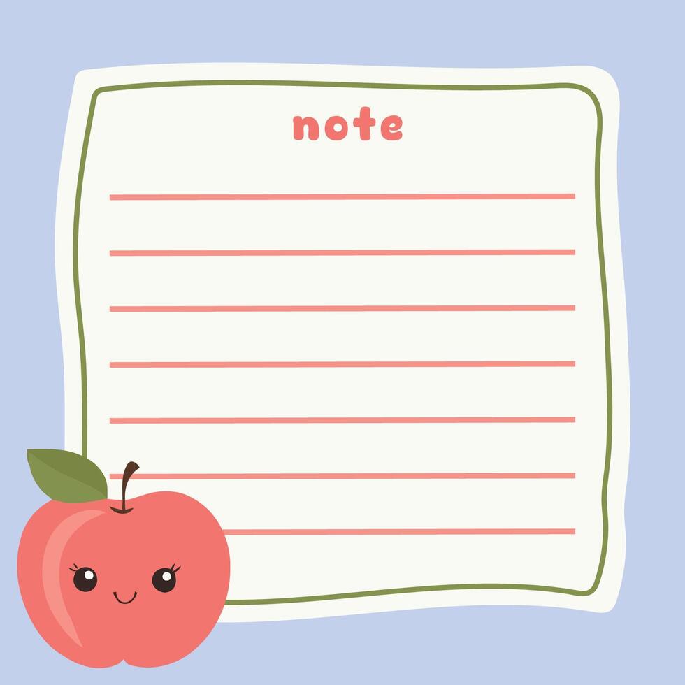 Cute red apple note with kawaii smiling face on blue background vector