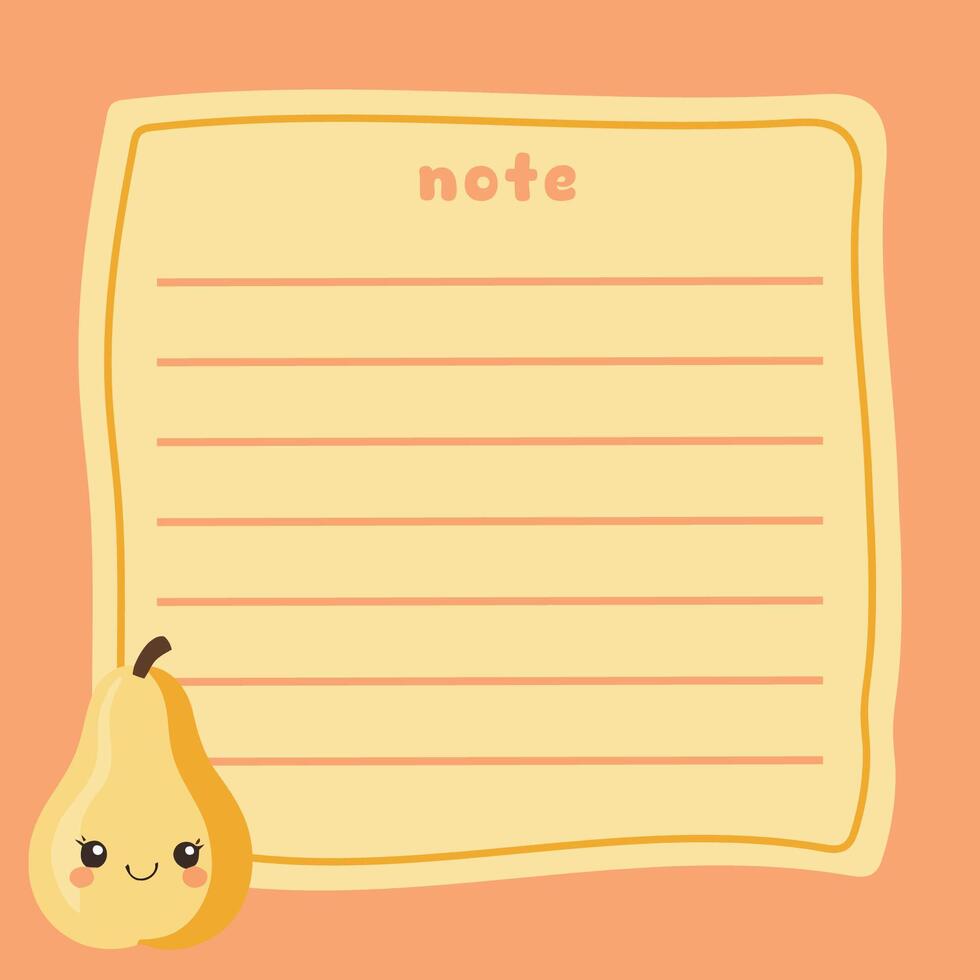 Cute yellow pear note with kawaii smiling face on orange background vector