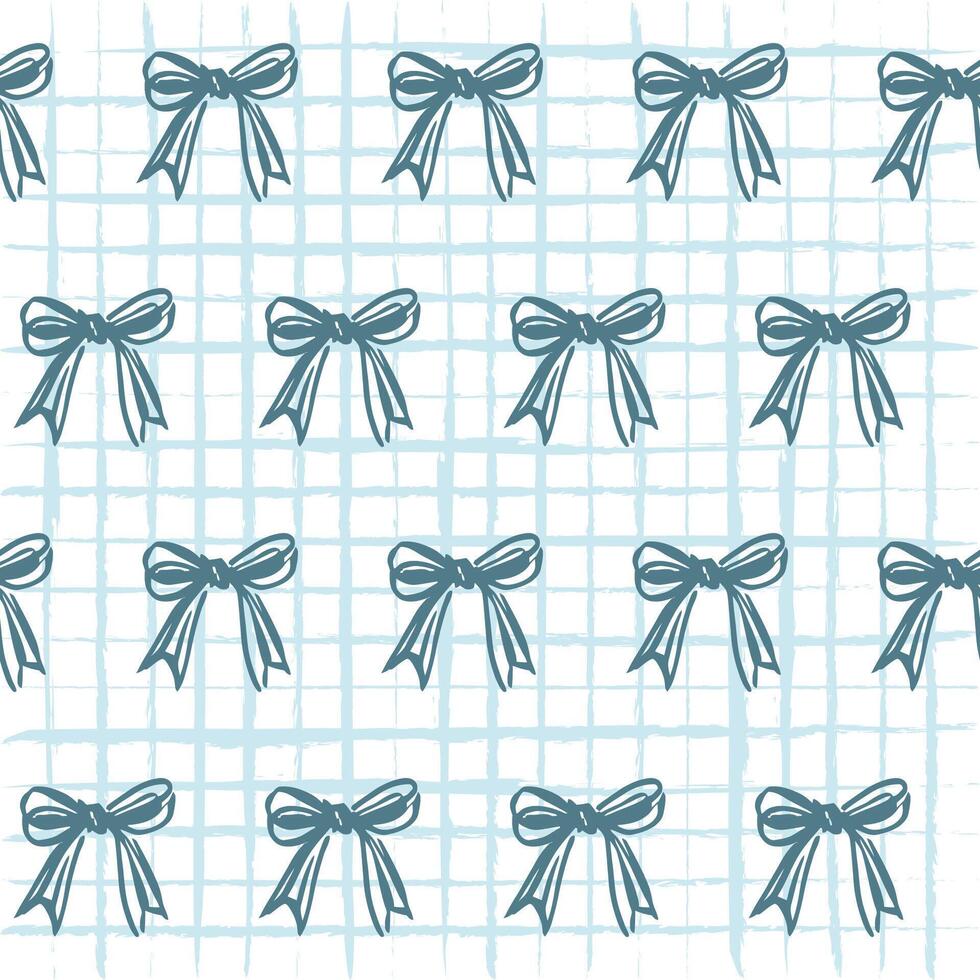 Blue Coquette Bow Ribbon Seamless Pattern on Grid Background. Combines delicate bows with a subtle grid background, Chic and coquette-inspired pattern for youthful and feminine vibe. vector