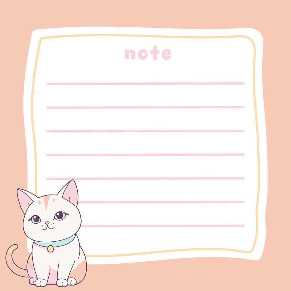 Cute cat peach memo note paper with lined paper vector