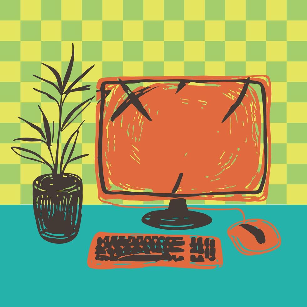 Hand drawn illustration of a computer with plant on a desk in bold pop art style vector