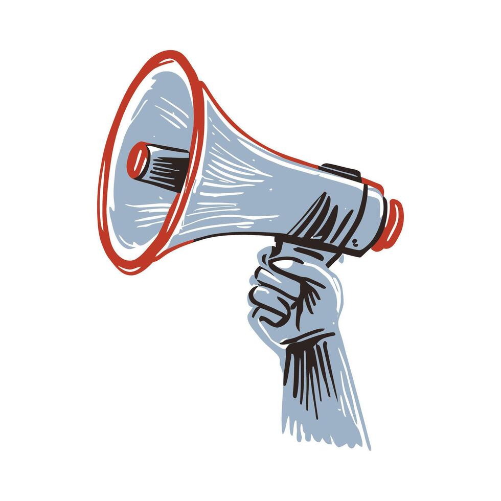 Hand holding a megaphone, protesting or making an announcement in hand drawn illustration style vector