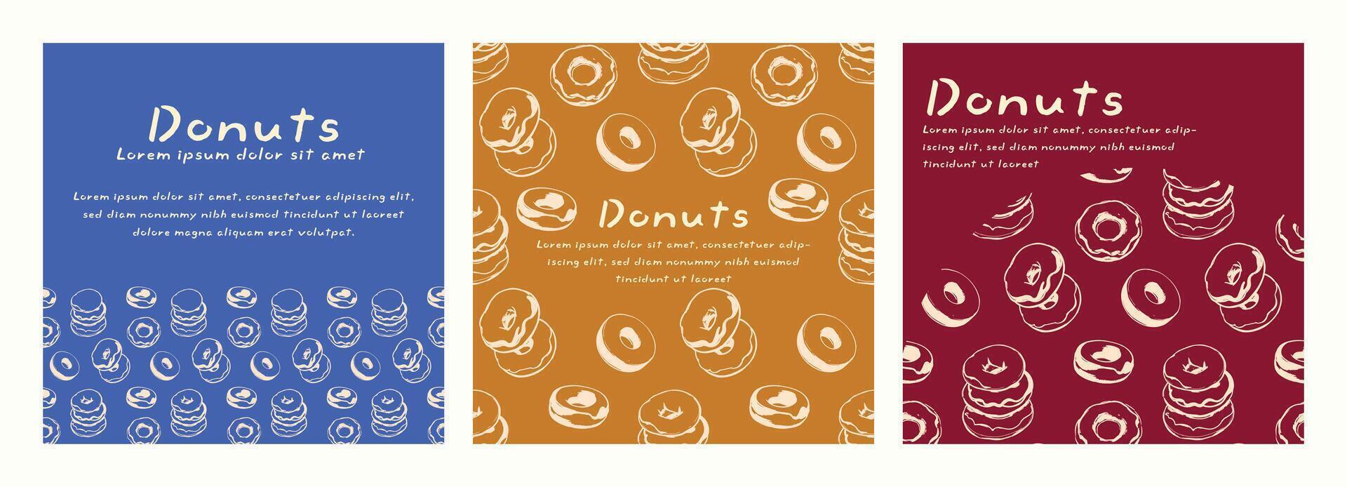 Set of donuts square banner with pattern. Hand drawn sketch doodle donuts in stylized way. The banners are in blue, yellow and red background vector