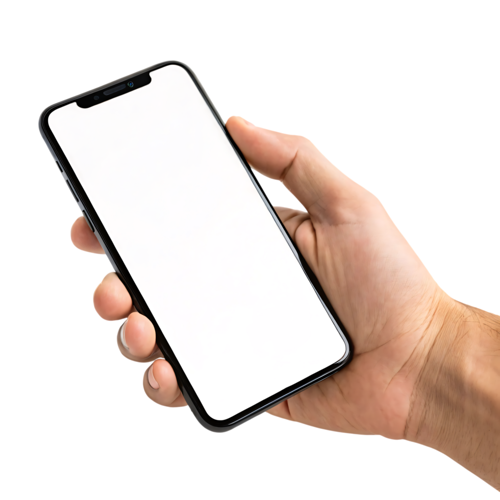 Close-up of a hand holding a modern smartphone with a blank white screen, isolated on transparent background, perfect for UI mockups or app presentation. png