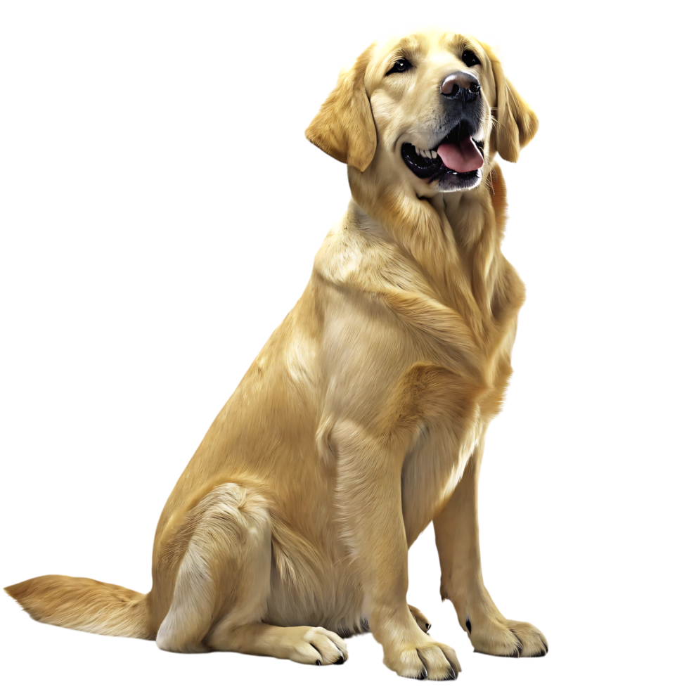 Friendly golden retriever dog sitting and looking happy, isolated on transparent background, ideal for pet themes, advertisements, and animal content. png