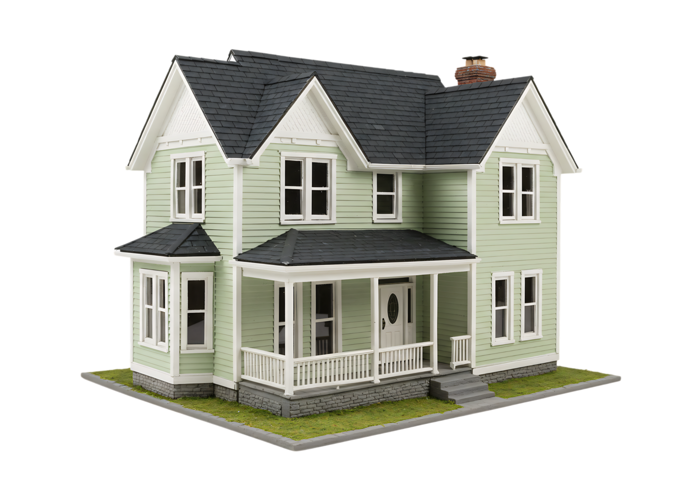 Modern two-story green house with gable roof, front porch, and white trims isolated on transparent background. Great for real estate and architecture visuals. png