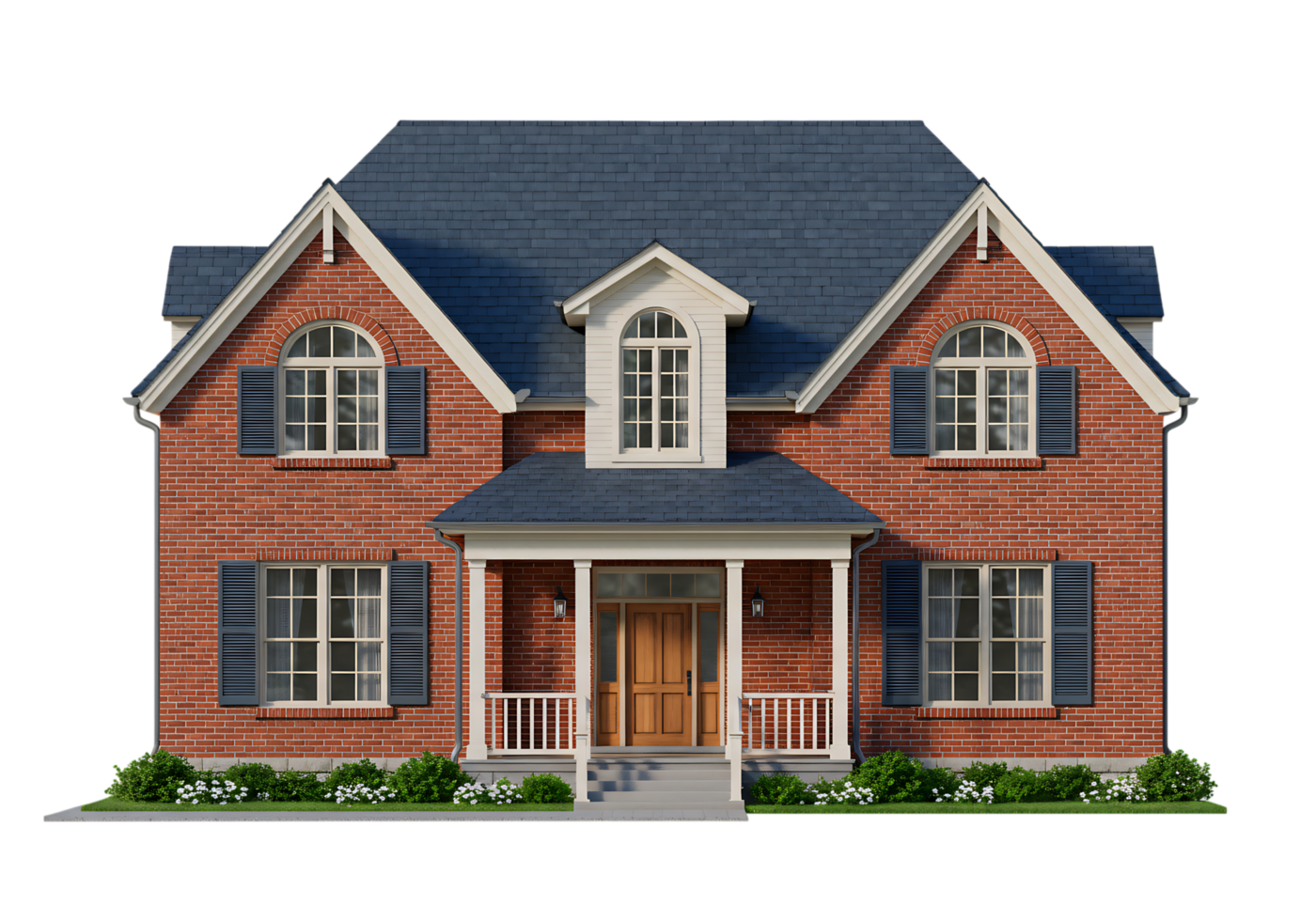 Modern red brick suburban house with blue roof, gabled windows, and a welcoming porch, isolated on transparent background for architectural use. png