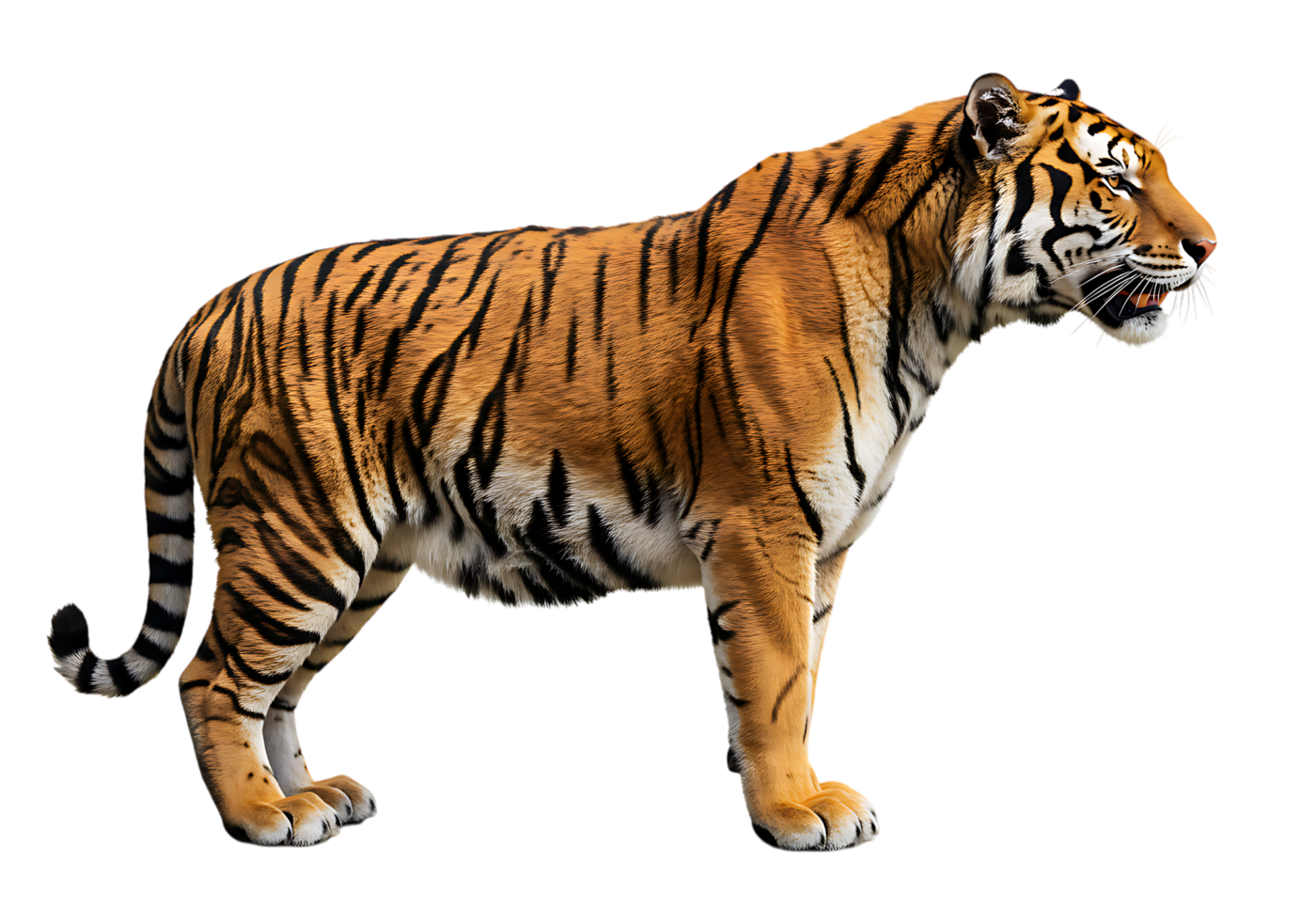 Realistic side profile of a majestic Bengal tiger with vivid stripes, standing on a transparent background, perfect for wildlife projects or designs. png