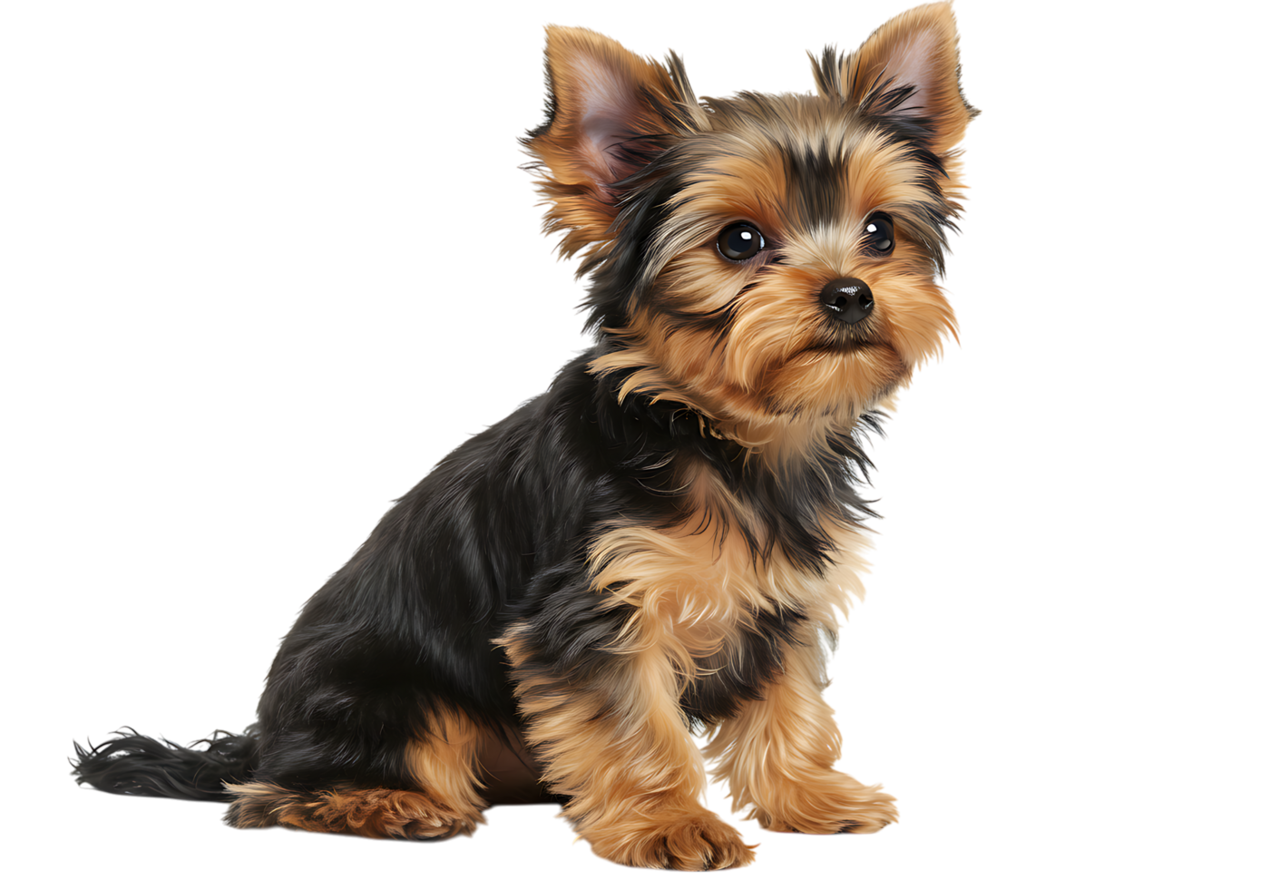 Adorable Yorkshire Terrier puppy sitting and looking up with fluffy fur and bright eyes, isolated on transparent background for pet lovers and designers. png