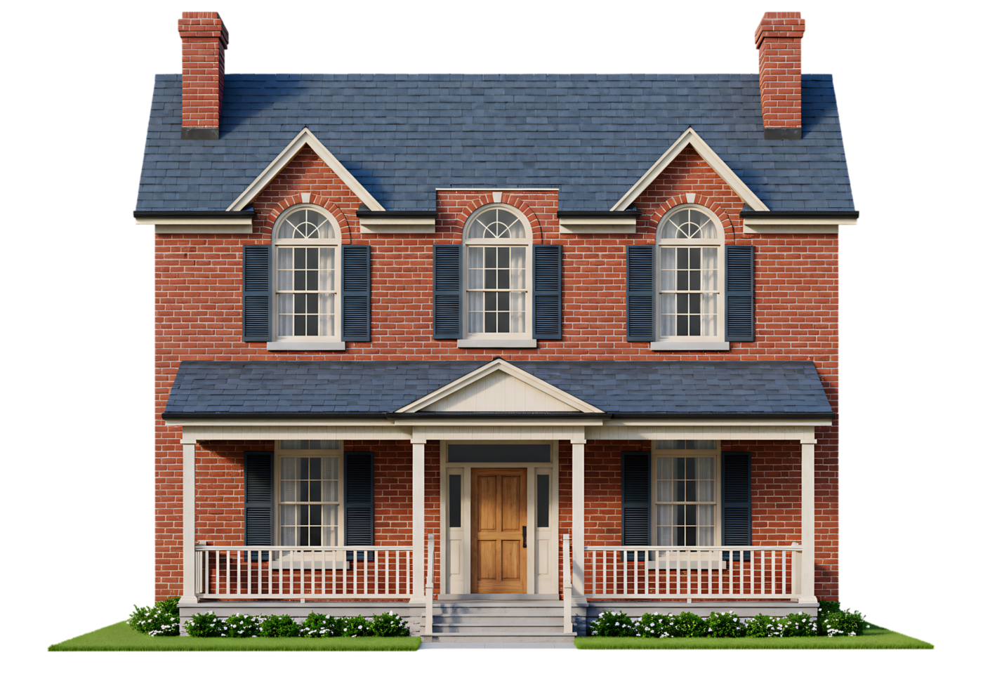 Traditional brick home with twin chimneys, blue gable roof, and inviting front porch, shown on transparent background for housing and design projects. png