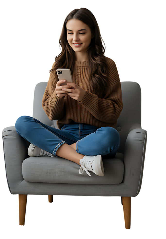 Young woman sitting cross-legged on a stylish chair using a smartphone, smiling and relaxed, isolated on a transparent background for lifestyle or tech themes. png