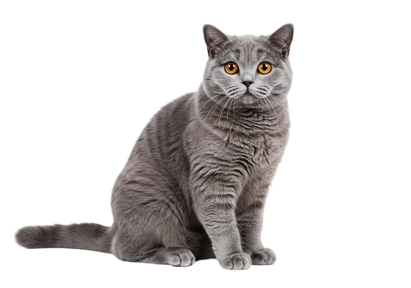 Adorable grey cat with bright amber eyes sitting upright on transparent background, ideal for pet-related content, design, and educational use. png
