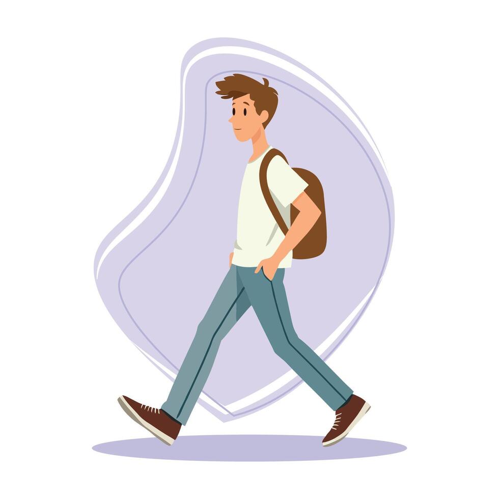 A young man walk with a backpack on his back vector