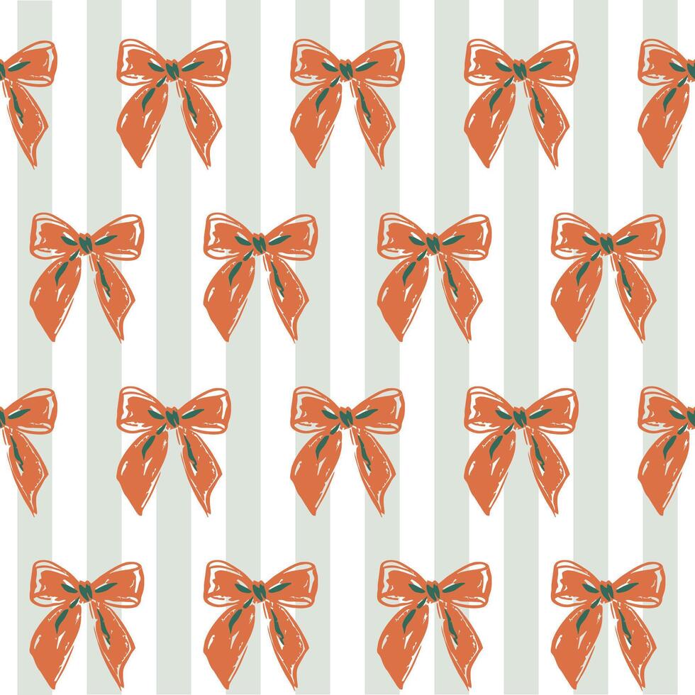 Coquette Bow Ribbon Seamless Pattern on Striped Background. Featuring delicate bow ribbons paired with soft, classic stripes. Feminine and playful aesthetic. vector